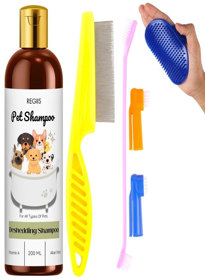 مجموعة شامبو ريجيس للحيوانات الأليفة مع فرشاة إزالة الشعر الزائد، وأدوات العناية، 200 مل تركيبة فيتامين أ والصبار لجميع أنواع الحيوانات الأليفة (عبوة من 4 قطع) - Image 1